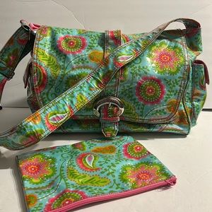 Kalencom.com New Orleansdiaper bag. Pink/blue laminated exterior. Easy to clean